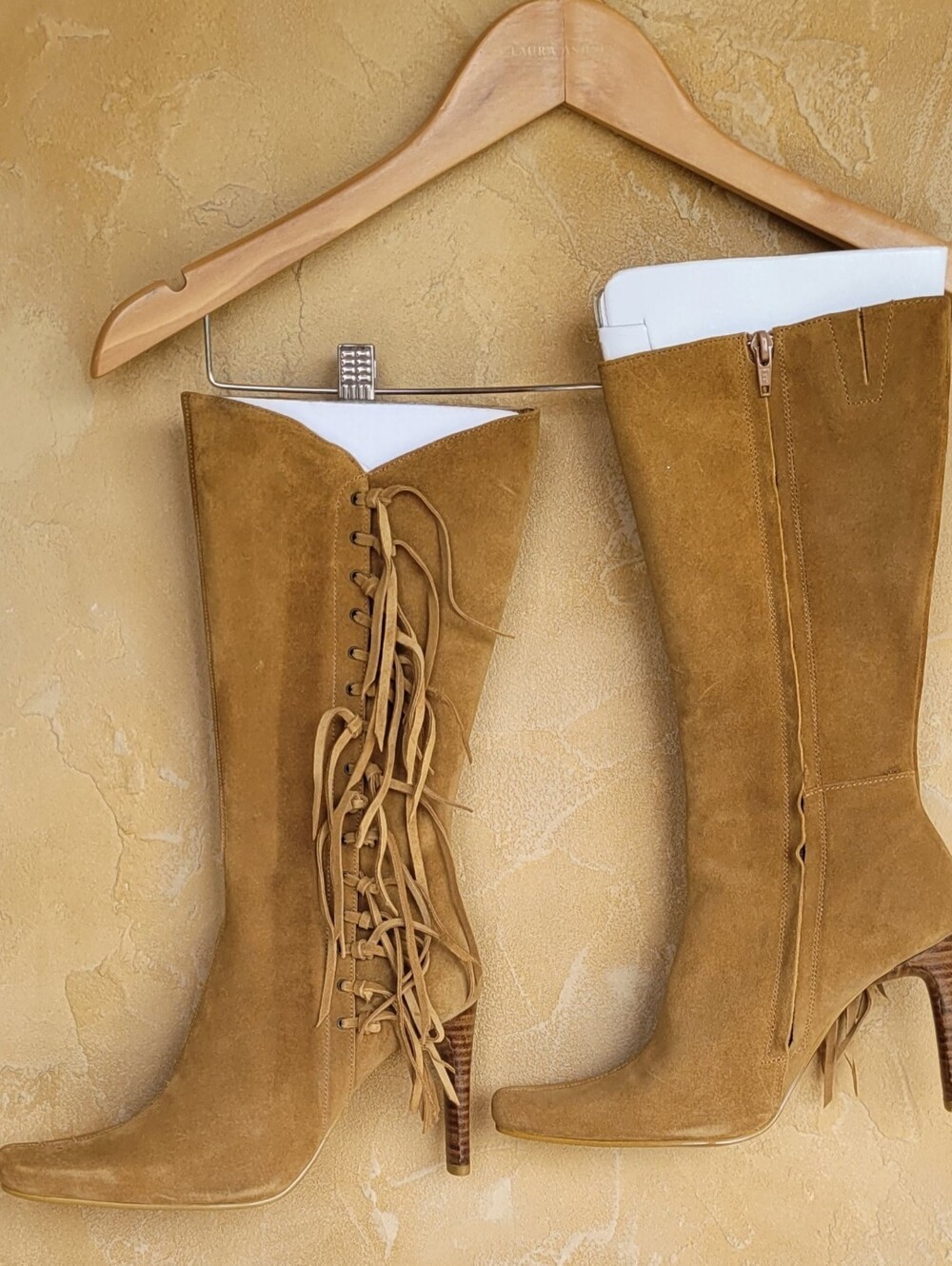 MIA Tan Suede Fringed Tall Western Boots. Y2K Size 6.5 Stiletto Heels 4in - Picture 6 of 17